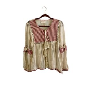 Miss June Paris Metallic Striped Boho Tassel Peasant Blouse Pink Gold‎ OS One Sz